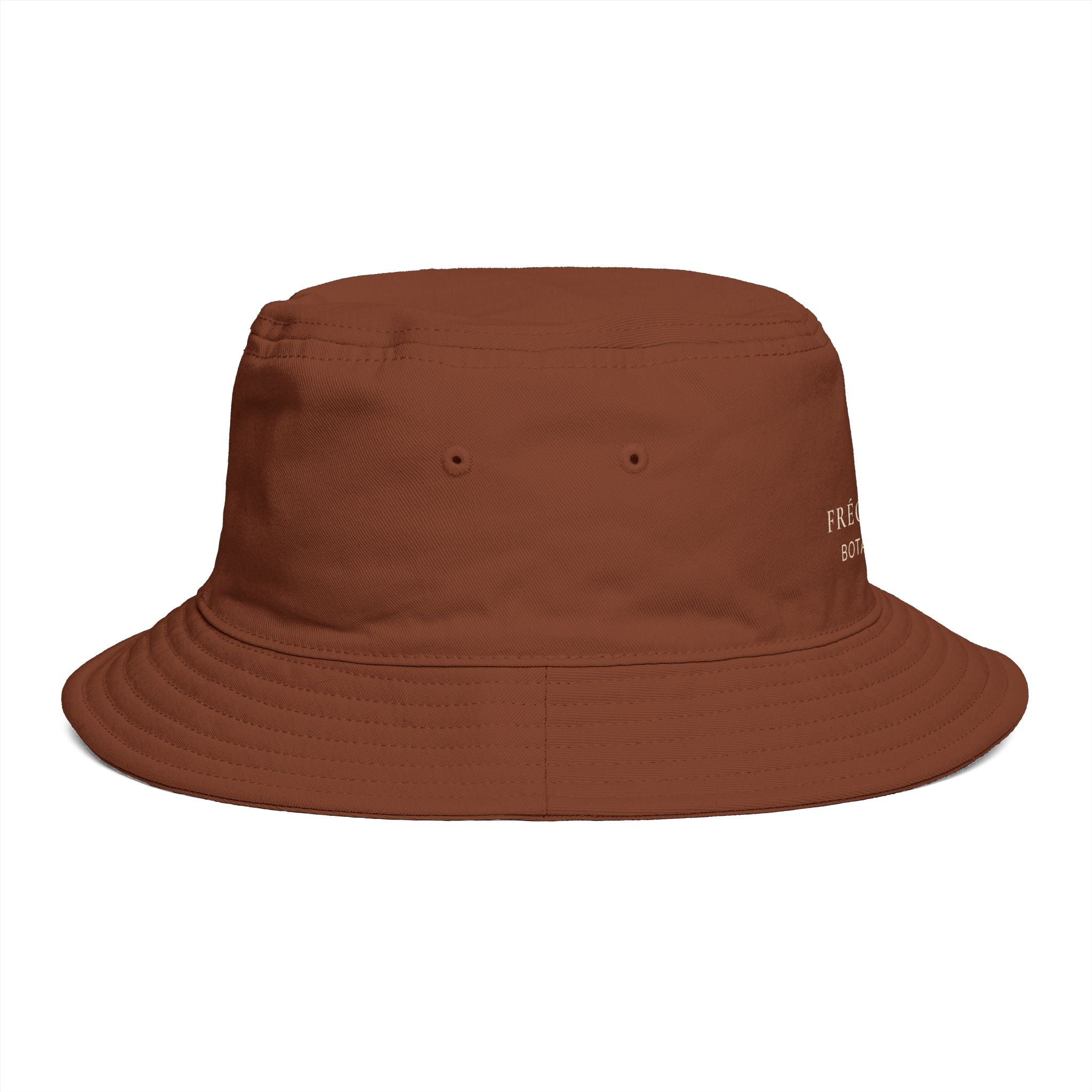 Frequénce Botanicals Embroidered Bucket Hat — Earthy Brown Garden Logo Sun Hat