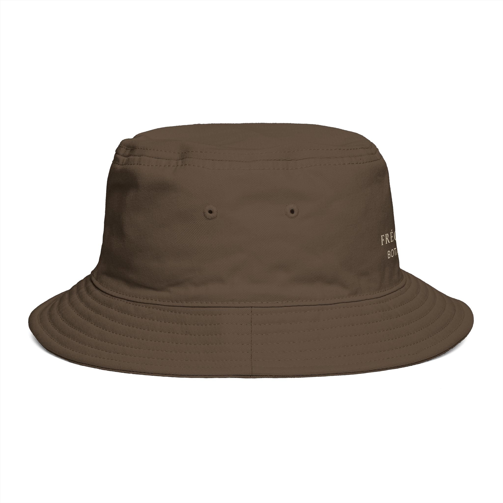 Frequénce Botanicals Embroidered Bucket Hat — Earthy Brown Garden Logo Sun Hat